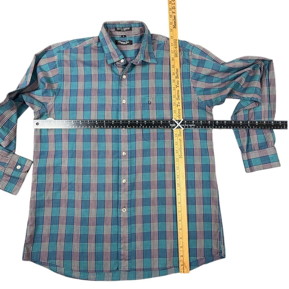 Christian Dior Monsieur Button Up Mens L Teal Plaid Vintage Designer Shirt USA - Picture 9 of 9